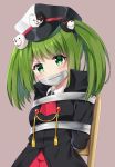  1girl agung_syaeful_anwar arms_behind_back bangs black_coat blush breasts brown_background chair collared_shirt commentary commission danganronpa folding_chair gag green_eyes green_hair hat head_tilt improvised_gag long_hair long_sleeves looking_at_viewer monaka_(danganronpa) monokuma peaked_cap restrained scowl shirt sidelocks simple_background sitting small_breasts solo tape tape_gag tassel undershirt upper_body v-shaped_eyebrows white_shirt wing_collar zettai_zetsubou_shoujo 