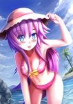  :p absurdres arlly_radithia beach bikini blue_eyes blush breasts cloud day hair_ornament hat highres long_hair looking_at_viewer medium_breasts nepgear neptune_(series) ocean outdoors purple_hair purple_sister sand side-tie_bikini sky solo straw_hat striped striped_bikini swimsuit symbol-shaped_pupils tongue tongue_out water 
