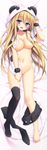  :d absurdres animal_hood bed_sheet black_legwear black_shorts blonde_hair blue_eyes blush bow bow_legwear breasts character_request cleavage collarbone dakimakura eyebrows_visible_through_hair from_above full_body groin highres hood huge_filesize large_breasts long_hair looking_at_viewer lying matsumiya_kiseri navel on_back open_mouth original red_bow shirt shirt_tug short_shorts shorts shorts_around_one_leg smile solo thighhighs thighhighs_removed very_long_hair white_shirt wrist_cuffs 