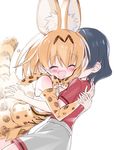  animal_ears blonde_hair blush closed_eyes detached_sleeves faceless faceless_female hug kaban_(kemono_friends) kemono_friends multiple_girls no_legwear open_mouth serval_(kemono_friends) serval_ears serval_print shirt short_hair shorts skirt smile t-shirt tail takahashi_tetsuya tears upper_body 