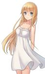  arms_behind_back bare_shoulders blonde_hair blue_eyes blush breasts cleavage dress eyebrows_visible_through_hair highres long_hair medium_breasts original see-through solo white_dress yahiro_(666131415) 