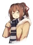  1girl ^_^ alternate_costume beige_coat blush brown_hair closed_eyes coat eyes_closed fringe_trim fur fur-trimmed_coat fur_trim hair_between_eyes hair_ribbon ise_(kantai_collection) kantai_collection multicolored multicolored_clothes multicolored_scarf ponytail red_ribbon ribbon scarf short_hair simple_background smile solo terrajin white_background 