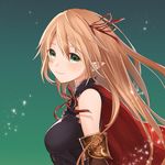  arisa_(shadowverse) blonde_hair blush breasts capelet elf green_background green_eyes harupin highres long_hair looking_to_the_side medium_breasts pointy_ears shadowverse smile solo upper_body 
