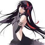  absurdres akemi_homura akuma_homura bare_shoulders black_hair cowboy_shot fingers_to_chin hair_ribbon hand_on_own_chest highres long_hair looking_at_viewer mahou_shoujo_madoka_magica mahou_shoujo_madoka_magica_movie misteor purple_eyes ribbon side_slit solo white_background 