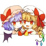  :d ascot bat_wings blonde_hair blue_hair blush bow cheek-to-cheek chibi collared_shirt eyebrows_visible_through_hair fang flandre_scarlet hat hat_bow looking_at_viewer multiple_girls open_mouth pink_shirt puffy_sleeves red_bow red_eyes red_neckwear red_vest remilia_scarlet shirt short_hair shoudoku_taishi_(taishi) siblings side_ponytail simple_background sisters smile touhou tsurime vest white_background white_shirt wings yellow_neckwear 