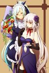  blonde_hair blue_hair blush bouquet breasts brynhildr_(fate) cake choker cleavage closed_eyes dress eating elbow_gloves eyebrows_visible_through_hair eyes_visible_through_hair fate/grand_order fate/prototype fate/prototype:_fragments_of_blue_and_silver fate_(series) flower food gloves hair_flower hair_ornament jeanne_d'arc_(alter)_(fate) jeanne_d'arc_(fate)_(all) long_hair maid medium_breasts multiple_girls oiun plate ponytail smile spoon_in_mouth strapless strapless_dress thighhighs 
