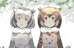  :d animal_ears bangs blush brown_eyes brown_hair closed_mouth commentary_request eurasian_eagle_owl_(kemono_friends) eyebrows_visible_through_hair fur_collar fuu_fuu highres kemono_friends leaf looking_at_viewer multiple_girls northern_white-faced_owl_(kemono_friends) open_mouth short_hair silver_hair smile upper_body 