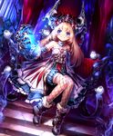  artist_request bird blonde_hair blue_eyes boots claws crown cygames dress fishnets frilled_skirt frills fur_trim gauntlets glowing little_soulsquasher official_art shadowverse shingeki_no_bahamut sitting skirt smile throne 