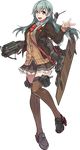 bow_(weapon) cardigan crossbow flight_deck full_body kantai_collection konishi_(koconatu) official_art open_mouth remodel_(kantai_collection) school_uniform suzuya_(kantai_collection) thighhighs transparent_background weapon 