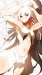  absurdres armpits arms_up bad_id bad_pixiv_id blush breasts c.c.r_(ccrgaoooo) highres long_hair looking_at_viewer lying medium_breasts navel on_back original red_eyes solo spaghetti_strap thighs white_background white_hair 