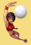  absurdres breasts brown_eyes brown_hair fengmo highres jumping large_breasts midair muscle navel original short_hair simple_background solo thighs toned volleyball yellow_background 