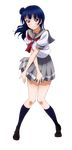  blue_hair blue_legwear blush collarbone full_body grey_skirt hair_bun highres kneehighs long_hair looking_at_viewer love_live! love_live!_sunshine!! neckerchief pleated_skirt red_eyes red_neckwear school_uniform serafuku shirt short_sleeves skirt smile solo standing tie_clip transparent_background tsushima_yoshiko uranohoshi_school_uniform white_shirt 