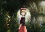  absurdres blonde_hair blue_eyes doll_joints flower hair_ribbon highres jiliang_ji_ying joints looking_at_viewer looking_to_the_side medicine_melancholy nature own_hands_together puffy_short_sleeves puffy_sleeves red_ribbon ribbon short_hair short_sleeves skirt smile solo standing touhou 