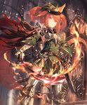  animal_ears armor armored_boots belt boots cape castle chain cygames flaming_sword gun hand_on_hip handgun hat mckeee official_art orange_eyes orange_hair orthrus_(shadowverse) peaked_cap scabbard shadowverse sheath shingeki_no_bahamut sword torn_cape weapon 