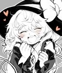  :d ^_^ blush closed_eyes grey_background hat hat_ribbon heart iroyopon komeiji_koishi long_sleeves monochrome open_mouth portrait ribbon round_teeth shirt simple_background smile solo spot_color string teeth touhou wide_sleeves 