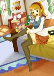  absurdres bed bedroom blonde_hair cornet_espoir dressing earrings fairy green_eyes hat highres jewelry kururu_(rhapsody) long_hair marl_kingdom md5_mismatch multiple_girls pantyhose pantyhose_pull purple_eyes red_hair resized rhapsody short_hair upscaled white_namikaze wings 