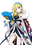  ayase_eli blonde_hair blue_eyes blue_hairband blush braid fan finger_to_mouth flower hair_flower hair_ornament hairband head_tilt holding holding_fan index_finger_raised japanese_clothes long_hair looking_at_viewer love_live! love_live!_school_idol_project smile solo standing striped striped_hairband transparent_background white_flower 