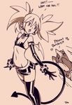  bat_wings belt breasts collar demon_girl demon_tail disgaea earrings elbow_gloves english etna gloves heart heart-shaped_pupils highres jewelry makai_senki_disgaea microskirt monochrome navel open_mouth pointy_ears prinny skirt skull_earrings small_breasts symbol-shaped_pupils tail thighhighs twintails typo_(requiemdusk) wings zettai_ryouiki 