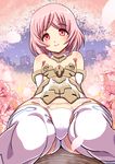  arm_support arms_behind_back ass bare_shoulders cherry_blossoms foreshortening frame_arms_girl in_tree knees_together_feet_apart leaning_back legs materia_(frame_arms_girl) materia_shiro oborogumo_takamitsu outdoors panties petals pink_eyes pink_hair short_hair sitting smile solo thighhighs tree underwear white_legwear white_panties 