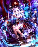  artist_request bird birdcage blue_eyes blue_fire boots cage claws crown cygames dress fire fishnets frilled_skirt frills fur_trim gauntlets glowing little_soulsquasher official_art shadowverse shingeki_no_bahamut sitting skirt smile throne white_hair 