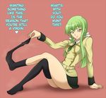  00s 1girl arm_support c.c. code_geass feet green_hair grin hard_translated k2_(pixiv1130508) legs legs_crossed long_hair naughty_face necktie no_shoes sitting skirt smell smile smoke sock_pull solo steam thighhighs translated undressing uniform yellow_eyes 