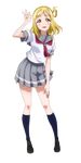  :d arm_up blonde_hair blue_legwear full_body grey_skirt hand_on_lap highres kneehighs leaning_forward long_hair looking_at_viewer love_live! love_live!_sunshine!! neckerchief official_art ohara_mari open_mouth pleated_skirt red_neckwear school_uniform serafuku shirt short_sleeves skirt smile solo standing tie_clip transparent_background uranohoshi_school_uniform white_shirt yellow_eyes 