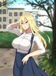  &gt;:) alternate_costume bismarck_(kantai_collection) blonde_hair blue_eyes blurry blush breasts commentary_request cowboy_shot day depth_of_field dress_shirt hayabusa highres iron_cross kantai_collection large_breasts long_hair looking_away meme_attire outdoors shirt sidelocks skirt smile solo suspender_skirt suspenders v-shaped_eyebrows virgin_killer_outfit white_shirt 