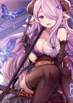  asymmetrical_gloves bare_shoulders black_gloves black_legwear blue_eyes blush braid breasts bug butterfly draph elbow_gloves gloves granblue_fantasy hair_ornament hair_over_one_eye horns insect japanese_clothes katana kurata_rine large_breasts lavender_hair long_hair looking_at_viewer narmaya_(granblue_fantasy) obi open_mouth oriental_umbrella pinwheel pointy_ears sarashi sash single_braid single_elbow_glove sitting sleeveless solo sword thighhighs umbrella weapon 