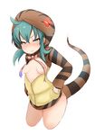  animal_hood animal_print aqua_eyes aqua_hair bare_legs blush bow bowtie breasts covered_nipples ear_blush glowing glowing_eyes half-closed_eyes hand_in_pocket hips hood kemono_friends navel no_bra open_clothes panties pink_bow ro_(aahnn) simple_background small_breasts snake_tail solo striped tail tsuchinoko_(kemono_friends) underwear unzipped white_background white_panties 