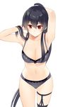  armpits asymmetrical_legwear bare_arms black_hair black_legwear breasts cleavage collarbone cowboy_shot garter_straps ichinomiya_(blantte) kantai_collection large_breasts long_hair looking_at_viewer navel ponytail red_eyes sidelocks single_thighhigh solo stomach thighhighs underwear underwear_only very_long_hair yahagi_(kantai_collection) 