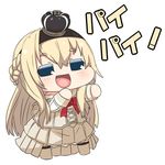  blonde_hair blue_eyes bow braid chibi comic commentary_request crown dress hairband hand_on_own_chin kantai_collection long_hair long_sleeves lowres mini_crown off-shoulder_dress off_shoulder open_mouth outstretched_arm puchimasu! smile solo standing thighhighs translated warspite_(kantai_collection) white_background yuureidoushi_(yuurei6214) 