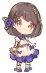  :o blue_bow blue_dress blue_flower blue_rose blush bow brown_hair chibi crown_of_thorns dress eyebrows_visible_through_hair flower hair_flower hair_ornament kneehighs looking_at_viewer open_mouth orange_eyes original rose sencha_(senta_10) solo thorns white_legwear 