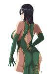  ass back bare_shoulders black_hair breasts commentary_request cowboy_shot dress elbow_gloves from_behind gloves green_dress green_gloves hayabusa highres large_breasts long_hair looking_away original parted_lips pelvic_curtain profile red_eyes solo 