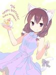  animal_ears blush brown_hair cake cat_ears cat_hair_ornament cat_tail character_name dress english eyebrows_visible_through_hair fake_animal_ears food fork fruit grin hair_between_eyes hair_ornament happy_birthday holding holding_fork konagai_yuuko looking_at_viewer low_twintails number nyanko_days official_art plate purple_eyes ribbon sketch sleeveless sleeveless_dress slice_of_cake smile solo strawberry tail tail_ribbon tarabagani twintails yellow_background 