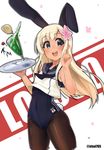  adapted_costume animal_ears blonde_hair blue_eyes brown_legwear bunny_ears bunny_tail bunnysuit character_name covered_navel cowboy_shot crop_top flower glass hair_flower hair_ornament highres japanese_flag kantai_collection long_hair looking_at_viewer mizuki_yayoi one-piece_tan open_mouth pantyhose ro-500_(kantai_collection) sailor_collar solo standing tail tan tanline tray twitter_username 