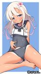  ass_visible_through_thighs bad_id bad_pixiv_id barefoot blonde_hair blue_eyes crop_top flower hair_flower hair_ornament kantai_collection kurogoma_(haruhi3) long_hair looking_at_viewer one-piece_tan ro-500_(kantai_collection) sailor_collar school_swimsuit school_swimsuit_flap sitting smile solo swimsuit swimsuit_under_clothes tan tanline twitter_username 