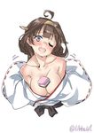  ;d ahoge bangs bare_shoulders blush breasts brown_hair cleavage collarbone ebifurya eyebrows_visible_through_hair headgear highres hishimochi kantai_collection kongou_(kantai_collection) looking_at_viewer medium_breasts motion_lines no_bra no_legs nontraditional_miko off_shoulder one_eye_closed open_mouth purple_eyes ribbon-trimmed_sleeves ribbon_trim simple_background smile solo twitter_username upper_body white_background 