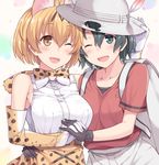  ;d animal_ears backpack bag black_gloves black_hair blonde_hair bow bowtie breasts cheek-to-cheek commentary cross-laced_clothes elbow_gloves gloves hair_between_eyes happy_tears hasu_(hk_works) hat hat_feather helmet high-waist_skirt holding_hands hug kaban_(kemono_friends) kemono_friends looking_at_viewer multiple_girls one_eye_closed open_mouth pith_helmet red_shirt serval_(kemono_friends) serval_ears serval_print serval_tail shirt short_hair shorts skirt sleeveless sleeveless_shirt smile striped_tail tail tears wavy_hair 