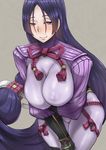  arinotowatari black_gloves blush bodysuit breast_hold breasts cleavage covered_navel covered_nipples crossed_arms fate/grand_order fate_(series) gloves grey_background grey_eyes half-closed_eyes huge_breasts japanese_clothes long_hair looking_at_viewer low-tied_long_hair minamoto_no_raikou_(fate/grand_order) nipples purple_hair simple_background smile solo very_long_hair 