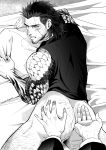  aftersex anal ass bara bed blush body_hair bottomless cum cum_on_ass facial_hair final_fantasy final_fantasy_xv fingering gladiolus_amicitia male_focus scar solo_focus steam sweat tattoo 