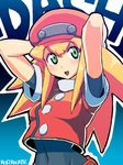  blonde_hair bodysuit breasts covered_navel green_eyes hat long_hair open_mouth red_shorts rockman rockman_dash rog_rockbe roll_caskett shorts small_breasts smile solo 