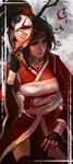  absurdres akali alternate_costume blood_moon_akali brown_eyes eyelashes eyeshadow fingerless_gloves gloves highres horned_headwear japanese_clothes league_of_legends lips makeup mask mask_removed monori_rogue obi sash solo upper_body wide_sleeves 