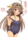  ahoge aikawa_ryou blue_swimsuit brown_eyes brown_hair covered_navel cowboy_shot double_bun hairband headgear highres kantai_collection kongou_(kantai_collection) long_hair one-piece_tan school_swimsuit simple_background solo swimsuit tan tanline white_background younger 