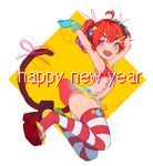  ahoge animal_ears aqua_gloves arms_up ass bangs breasts checkered clog_sandals fang from_side full_body gloves hair_ornament hair_ribbon hairclip happy_new_year looking_at_viewer midriff miniskirt monkey_ears monkey_tail navel new_year open_mouth original ouchi_kaeru pink_ribbon red_eyes red_hair red_legwear ribbon skirt small_breasts smile solo striped striped_legwear suspender_skirt suspenders tail tail_ribbon thick_eyebrows thighs twintails wavy_hair white_legwear yellow_skirt 