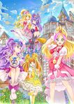  :d absurdres arm_up asahina_mirai black_hat black_legwear blonde_hair boots bow brown_eyes brown_hair choker cloud cloudy_sky collarbone cure_flora cure_magical cure_miracle cure_rosetta day dokidoki!_precure dress earrings frilled_dress frills gloves go!_princess_precure green_eyes hair_ornament hand_on_own_knee haruno_haruka hat high_heel_boots high_heels highres holding izayoi_liko jewelry knee_boots kneehighs looking_at_viewer magical_girl mahou_girls_precure! milky_rose mimino_kurumi mini_hat multicolored_hair multiple_girls open_mouth outdoors pink_hair pink_hat precure purple_hair red_eyes short_sleeves sky smile standing two-tone_hair white_footwear white_gloves wings witch_hat yellow_bow yes!_precure_5 yotsuba_alice yuutarou_(fukiiincho) 
