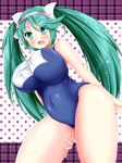  arms_behind_back blush breasts covered_navel cowboy_shot green_eyes green_hair highres huge_breasts isuzu_(kantai_collection) kantai_collection legs long_hair looking_at_viewer looking_down navel one-piece_swimsuit open_mouth school_swimsuit shiny shiny_clothes shiny_hair shiny_skin swimsuit torano_ko twintails 