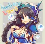  black_hair black_ribbon blue_eyes braid breasts bubble character_request cleavage english eyebrows_visible_through_hair happy_birthday heart iroyopon large_breasts long_hair looking_at_viewer pointy_ears ribbon solo 