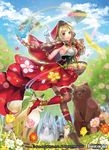  basket bear bird blue_sky boots braid bunny capelet cloud copyright_name day deer floating_island flower force_of_will fox green_eyes hair_ribbon high_heel_boots high_heels knee_boots light_brown_hair little_red_riding_hood_(force_of_will) long_hair looking_at_viewer matsurika_youko official_art outdoors petals raccoon rainbow red_footwear red_hood red_legwear red_ribbon red_skirt ribbon ribbon_braid skirt sky smile thighhighs tree twin_braids watermark 