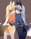  animal_ears ass bangs black_gloves black_legwear black_skirt blonde_hair ezo_red_fox_(kemono_friends) fox_ears fox_tail from_behind gloves highres jacket kemono_friends long_hair looking_at_viewer looking_back miniskirt mtu_(orewamuzituda) multicolored_hair multiple_girls panties panties_under_pantyhose pantyhose silver_fox_(kemono_friends) silver_hair skirt skirt_lift smile standing tail take_your_pick two-tone_hair underwear very_long_hair white_hair white_skirt yellow_eyes yellow_legwear 