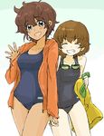  bangs blue_eyes blue_swimsuit blush brown_hair closed_eyes cowboy_shot freckles girls_und_panzer goggles goggles_around_neck grin holding_hands jacket looking_at_viewer multiple_girls oimo_mushi one-piece_swimsuit open_clothes open_jacket open_mouth orange_jacket school_swimsuit short_hair simple_background smile standing suzuki_(girls_und_panzer) swimsuit thigh_gap tsuchiya_(girls_und_panzer) white_background 